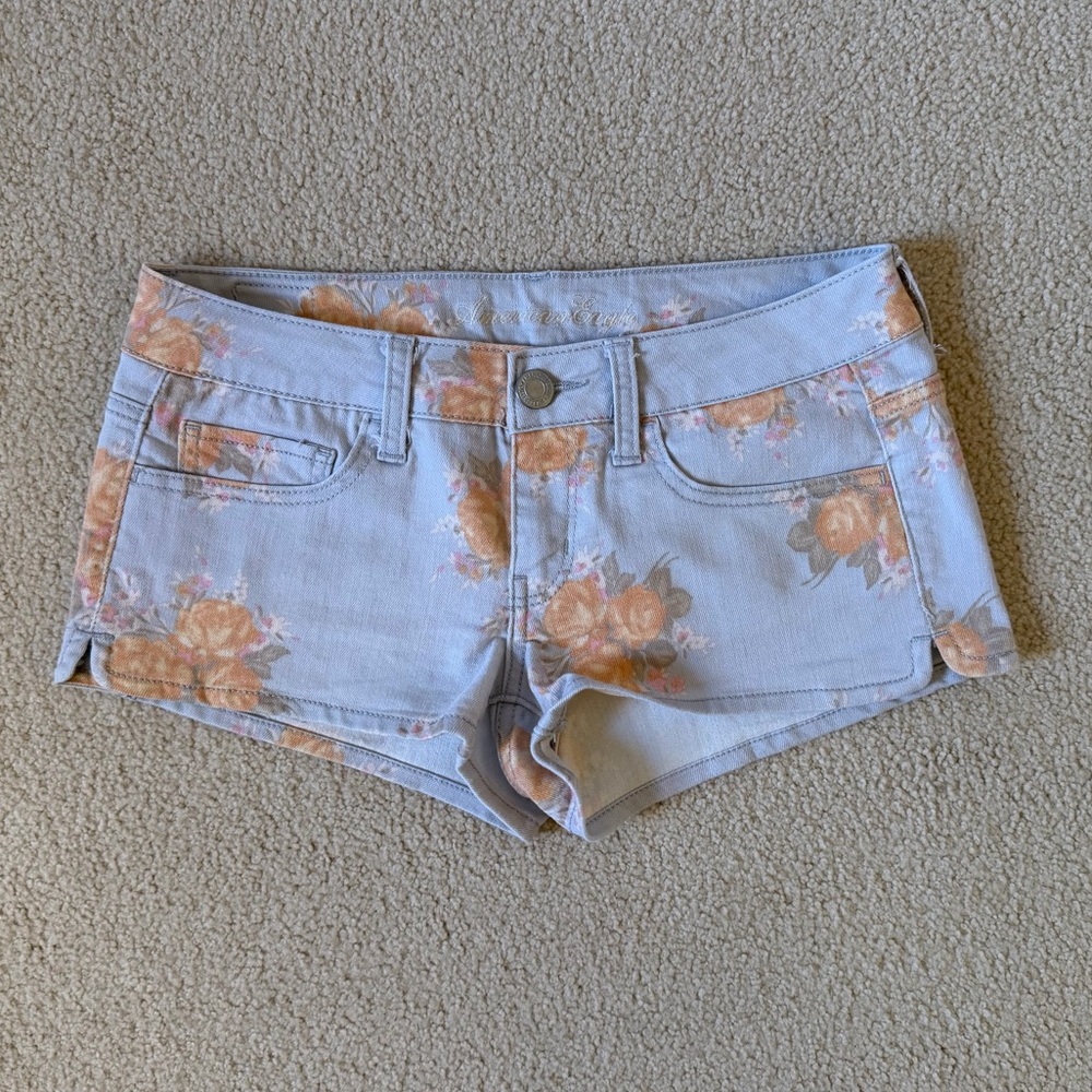American Eagle Outfitters Floral Denim Shorts - Light Blue and Peach